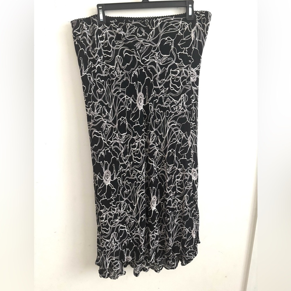 Vintage Y2K Black White Floral Maxi Skirt Bias Slip Sz 12 Grunge Chiffon Pull On